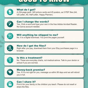 Frequently asked questions: what you get, typing into the PDF, no shipping, download, not a treatment, sharing