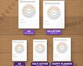 The toolkit in five paper sizes shown to scale: A4, US Letter, A5, Half Letter and Happy Planner Classic