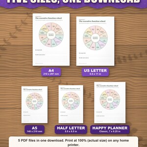 The toolkit in five paper sizes shown to scale: A4, US Letter, A5, Half Letter and Happy Planner Classic