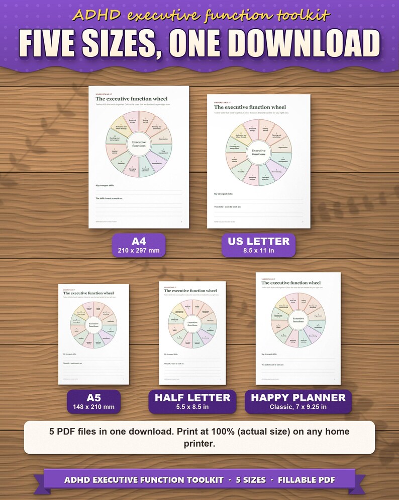 The toolkit in five paper sizes shown to scale: A4, US Letter, A5, Half Letter and Happy Planner Classic