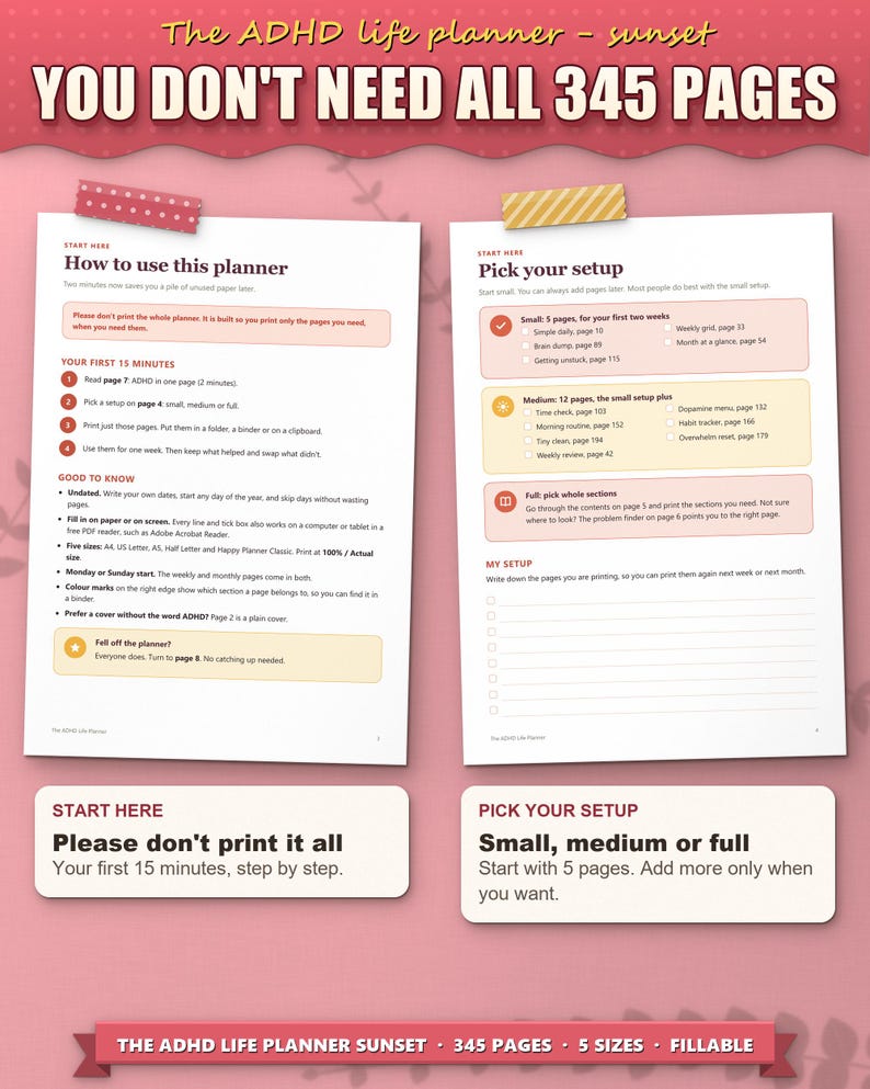 Start here page and pick your setup page: you don't need to print all 345 pages