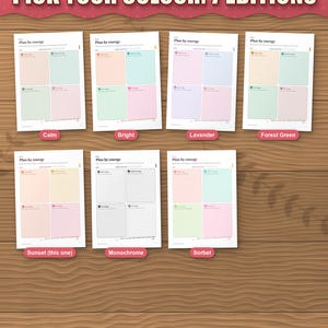 The planner in 7 colour editions: calm, bright, lavender, forest green, sunset, monochrome and sorbet. This listing is the sunset edition; each colour is its own listing