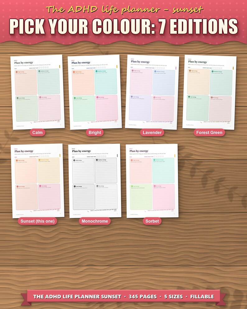 The planner in 7 colour editions: calm, bright, lavender, forest green, sunset, monochrome and sorbet. This listing is the sunset edition; each colour is its own listing