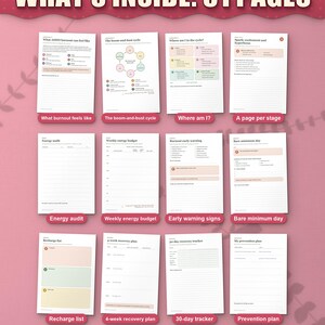 What's inside the ADHD burnout recovery guide: 12 of the 31 pages, from the burnout cycle to the 30-day recovery tracker
