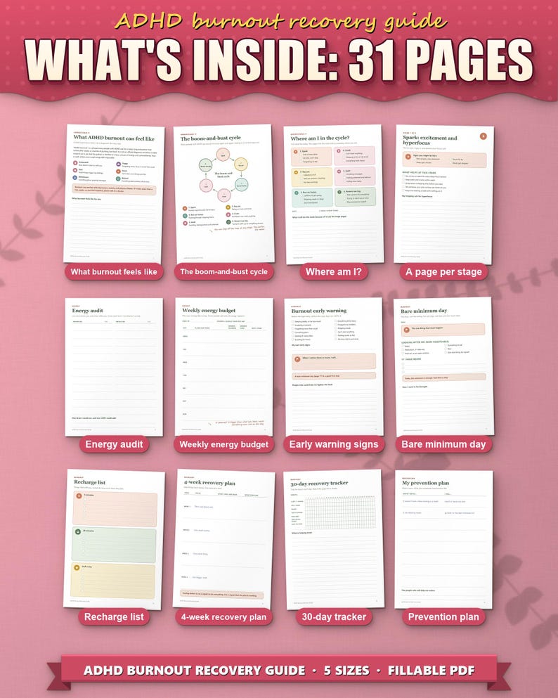 What's inside the ADHD burnout recovery guide: 12 of the 31 pages, from the burnout cycle to the 30-day recovery tracker