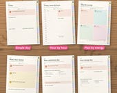 Six daily page layouts of the digital planner, from simple day to low-energy day