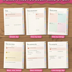 Six daily page layouts of the digital planner, from simple day to low-energy day