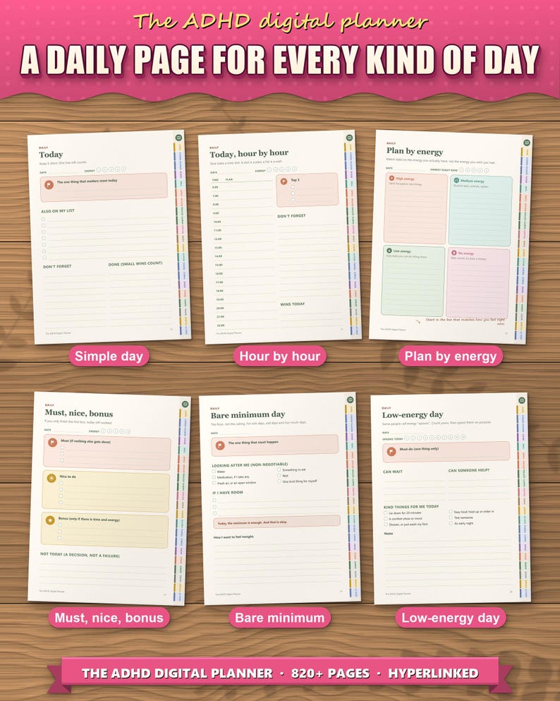 Six daily page layouts of the digital planner, from simple day to low-energy day