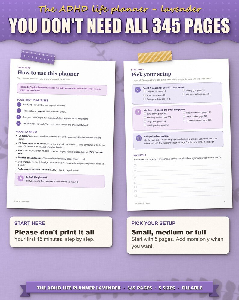 Start here page and pick your setup page: you don't need to print all 345 pages