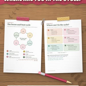 Boom-and-bust cycle page next to the "Where am I in the cycle?" worksheet with ticks and handwritten plan