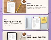 Three ways to use the toolkit: print and write, stick on the fridge, fill in on a tablet