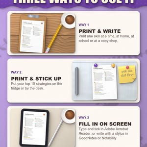 Three ways to use the toolkit: print and write, stick on the fridge, fill in on a tablet