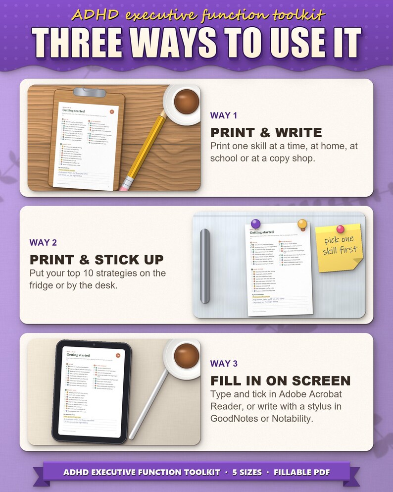 Three ways to use the toolkit: print and write, stick on the fridge, fill in on a tablet