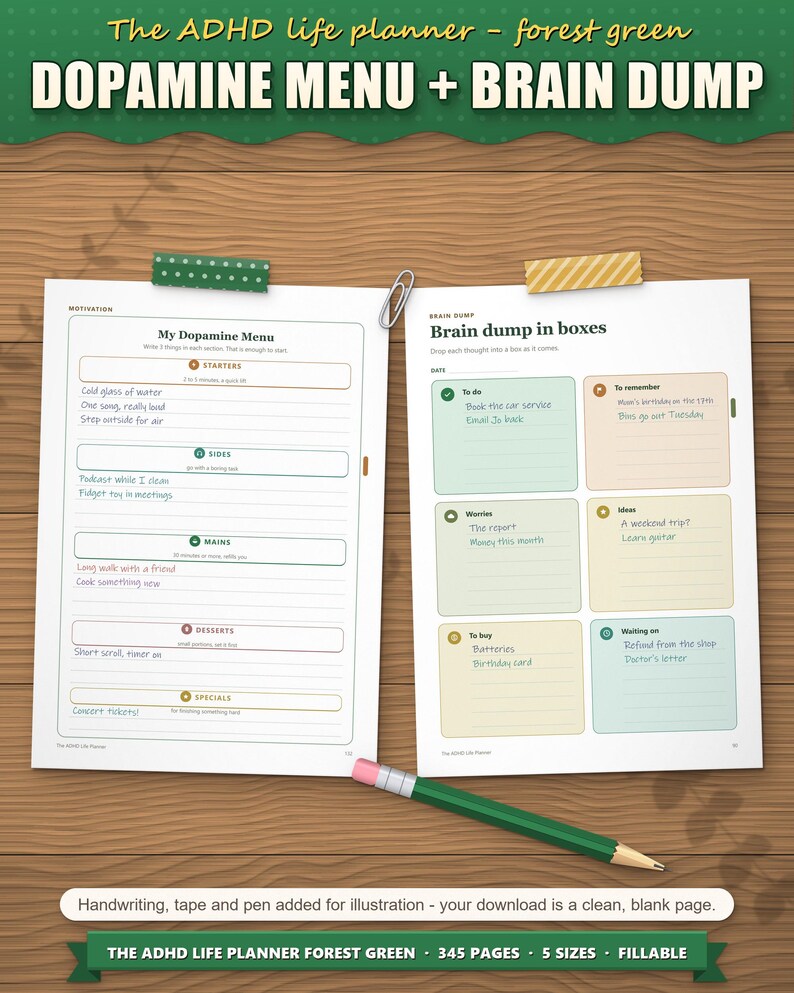 Dopamine menu and brain dump sorted into boxes, filled in as an example