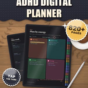Dark mode ADHD digital planner 2026 2027 for iPad and Android on a tablet, plan by energy page with tappable side tabs, 820+ pages