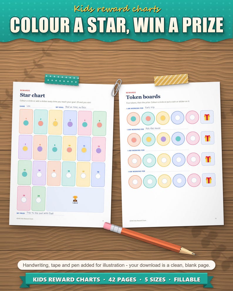 Star chart and token boards coloured in as an example
