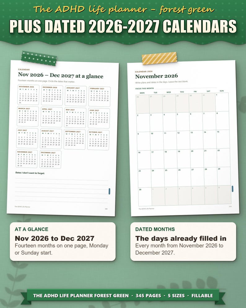 Dated calendar: November 2026 to December 2027 on one page, and a dated month page