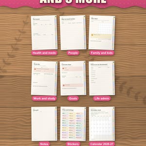 Nine more sections of the digital planner, including stickers and the dated calendar