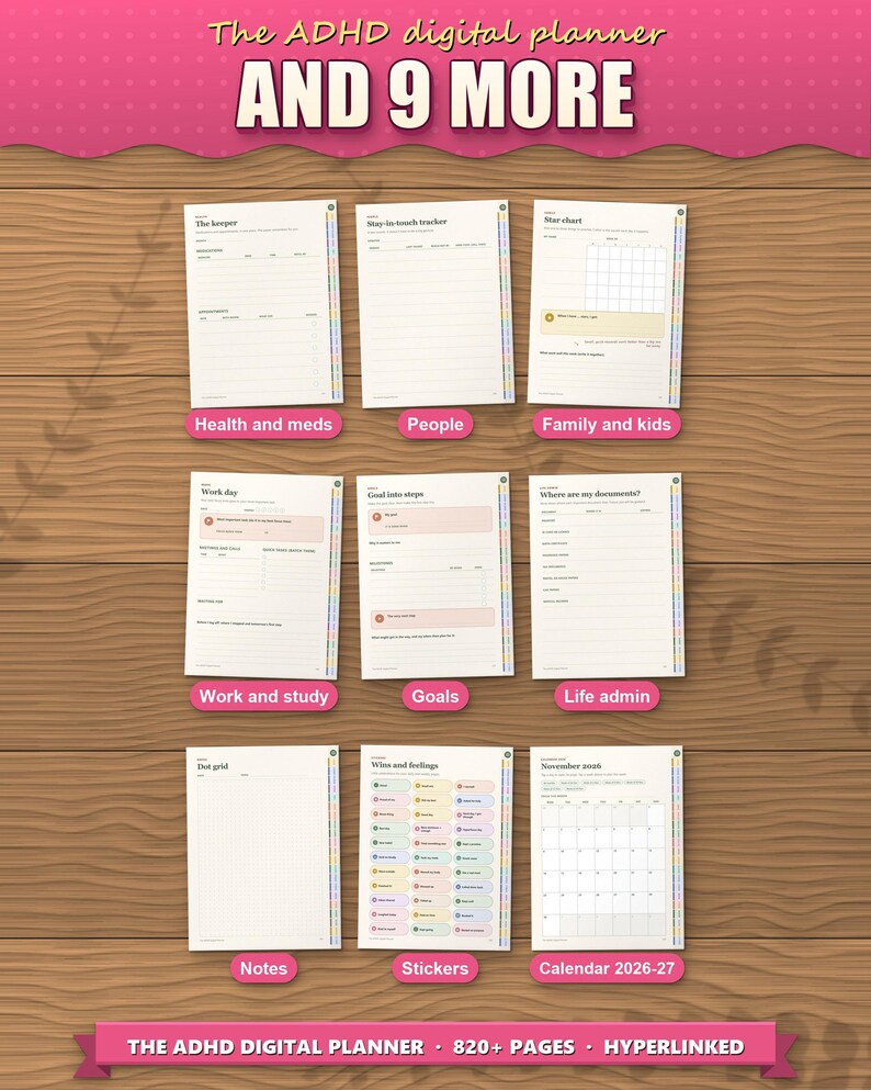Nine more sections of the digital planner, including stickers and the dated calendar