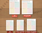 The survival kit in five paper sizes shown to scale: A4, US Letter, A5, Half Letter and Happy Planner Classic