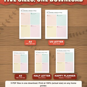 The survival kit in five paper sizes shown to scale: A4, US Letter, A5, Half Letter and Happy Planner Classic