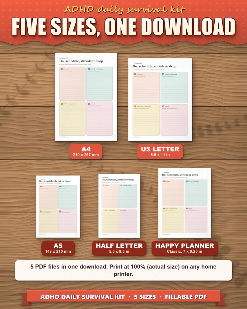 The survival kit in five paper sizes shown to scale: A4, US Letter, A5, Half Letter and Happy Planner Classic