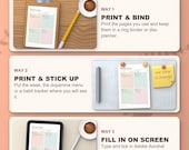 Three ways to use the planner: print and bind, stick up, fill in on a tablet