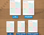The planner in five paper sizes shown to scale: A4, US Letter, A5, Half Letter and Happy Planner Classic