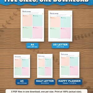 The planner in five paper sizes shown to scale: A4, US Letter, A5, Half Letter and Happy Planner Classic
