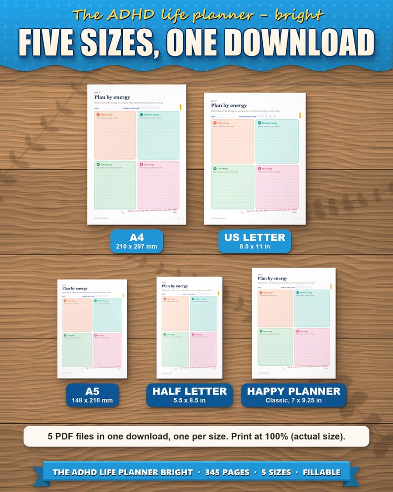 The planner in five paper sizes shown to scale: A4, US Letter, A5, Half Letter and Happy Planner Classic