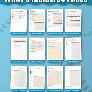 What's inside the ADHD cleaning planner: 12 of the 30 pages, from why chores feel hard to a family chore chart