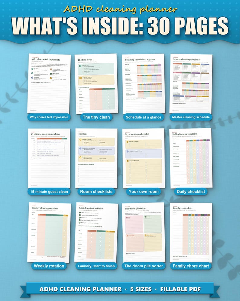 What's inside the ADHD cleaning planner: 12 of the 30 pages, from why chores feel hard to a family chore chart
