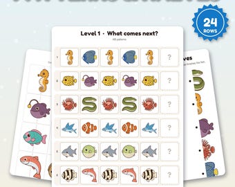 Tarjetas de patrones imprimibles de What Comes Next, juego de emparejar mitades, peces del océano, actividad matemática preescolar, PDF para recortar y pegar