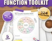 ADHD executive function toolkit printable worksheets, executive function wheel page, 324 strategies, 12 posters, 5 sizes, fill in on screen