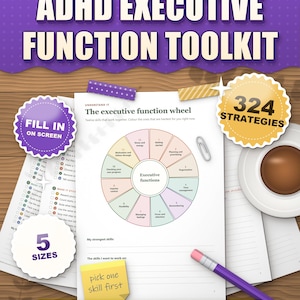 ADHD executive function toolkit printable worksheets, executive function wheel page, 324 strategies, 12 posters, 5 sizes, fill in on screen