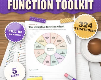 Hojas de trabajo sobre la función ejecutiva en el TDAH, 324 estrategias para adultos y adolescentes, PDF rellenable, materiales de terapia y coaching, herramientas de gestión del tiempo.