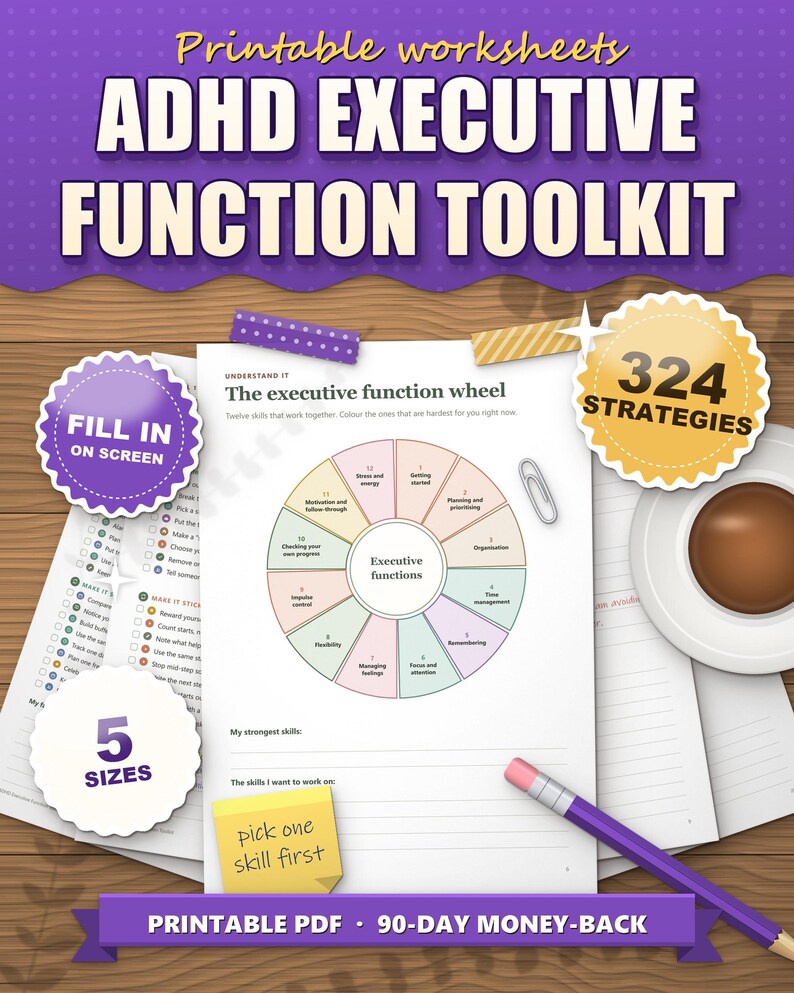 ADHD executive function toolkit printable worksheets, executive function wheel page, 324 strategies, 12 posters, 5 sizes, fill in on screen