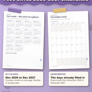 Dated calendar: November 2026 to December 2027 on one page, and a dated month page