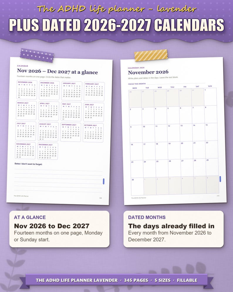 Dated calendar: November 2026 to December 2027 on one page, and a dated month page