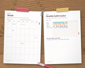 Month page and monthly habit tracker filled in with coloured habits