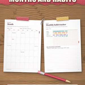 Month page and monthly habit tracker filled in with coloured habits