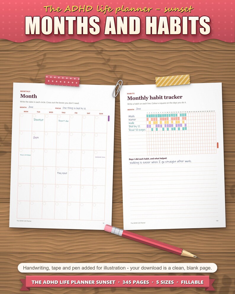 Month page and monthly habit tracker filled in with coloured habits