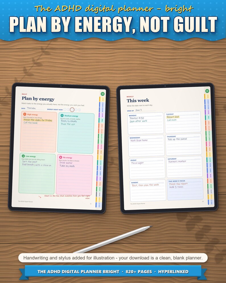 Plan by energy daily page and weekly page on two tablets, filled in with a stylus