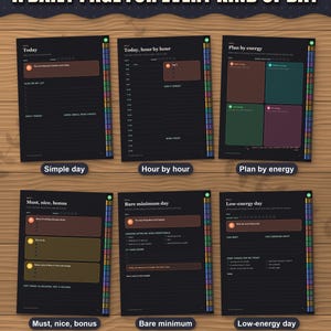 Six daily page layouts of the digital planner, from simple day to low-energy day