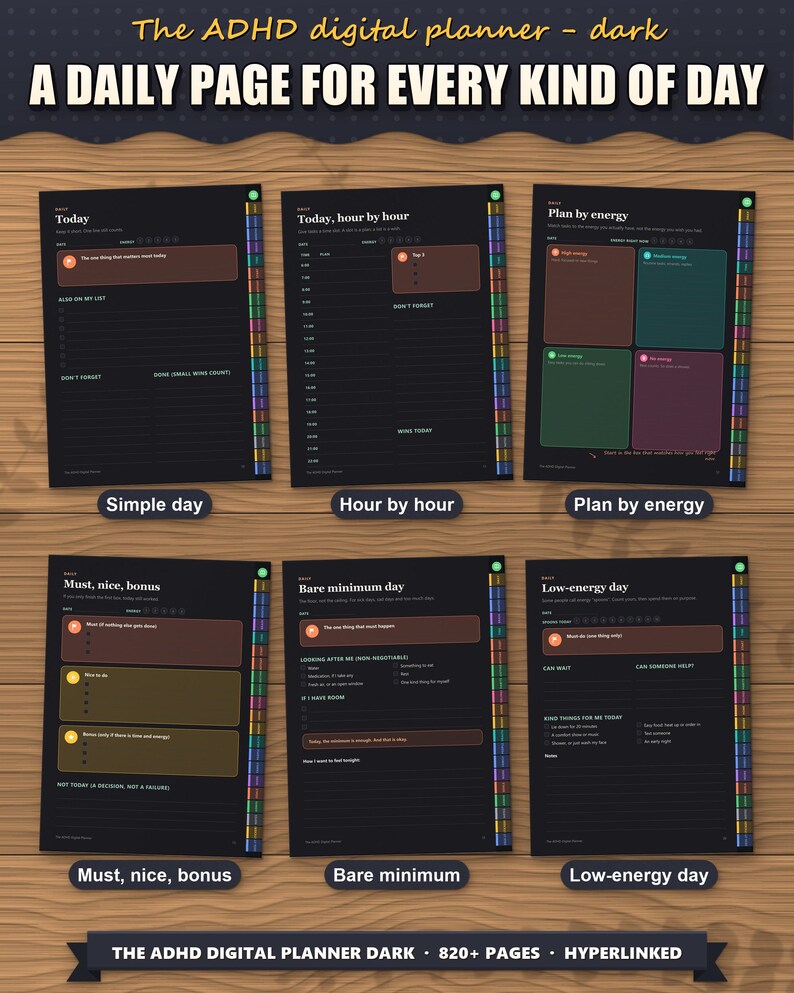 Six daily page layouts of the digital planner, from simple day to low-energy day