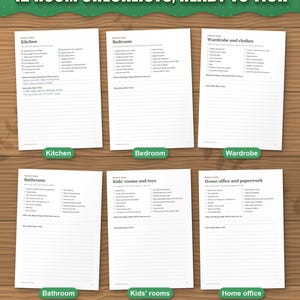 Room by room declutter checklists for kitchen, bedroom, wardrobe, bathroom, kids' rooms and home office