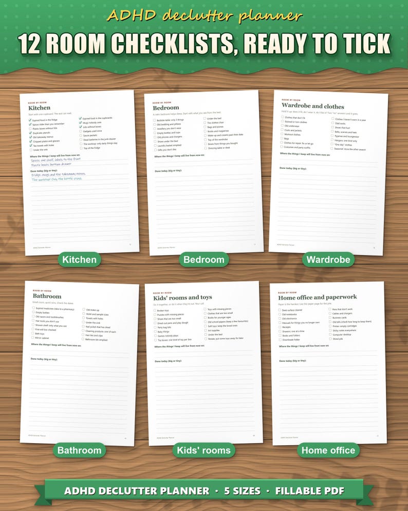 Room by room declutter checklists for kitchen, bedroom, wardrobe, bathroom, kids' rooms and home office