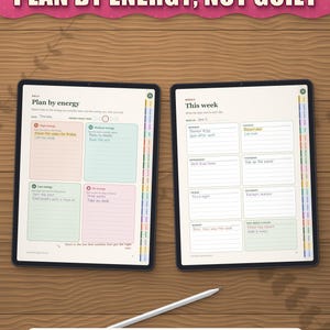 Plan by energy daily page and weekly page on two tablets, filled in with a stylus