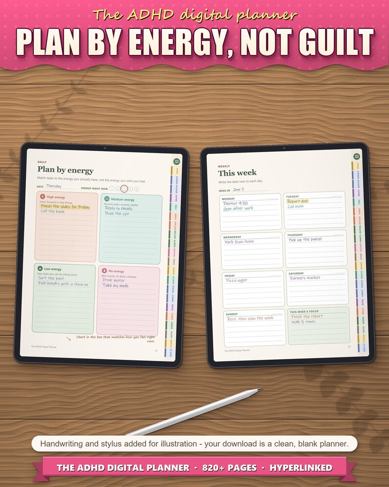 Plan by energy daily page and weekly page on two tablets, filled in with a stylus