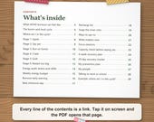 Clickable contents page of the ADHD burnout recovery guide: tap a line to jump to the page